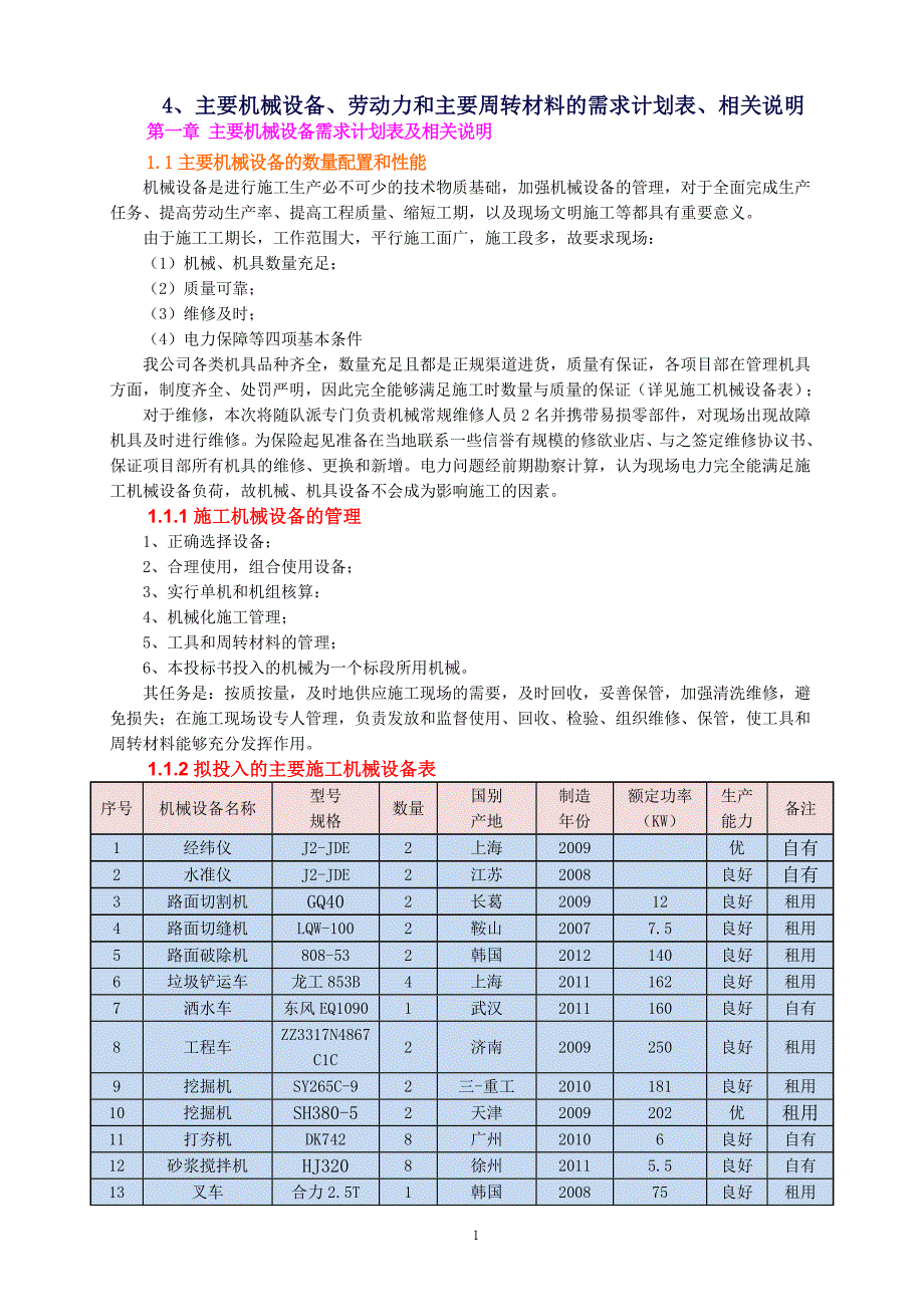 主要机械设备、劳动力和主要周转材料的需求计划表、相关说明.doc_第1页